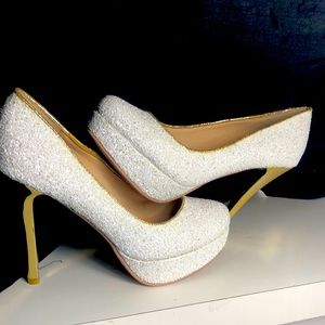 Super Sparkly White Pump Heels | Gold Heel